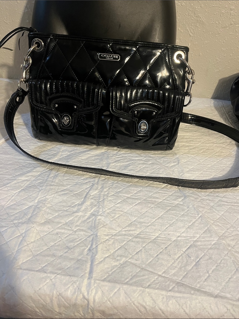 Coach Black Patent Quilted Crossbody with Dual Front Pockets